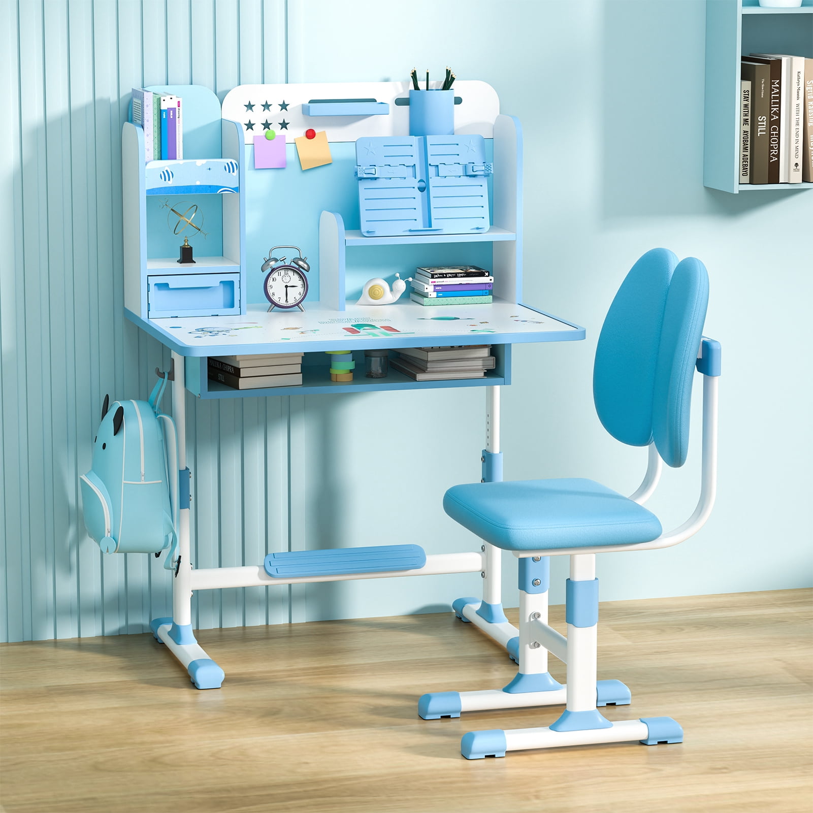 Upgraded Kids Desk and Chair Set, Height Adjustable Kids Functional Desk and Chair Set for Kids 8-12, Study Table for Girls Boys, Writing Table for Kids-Blue