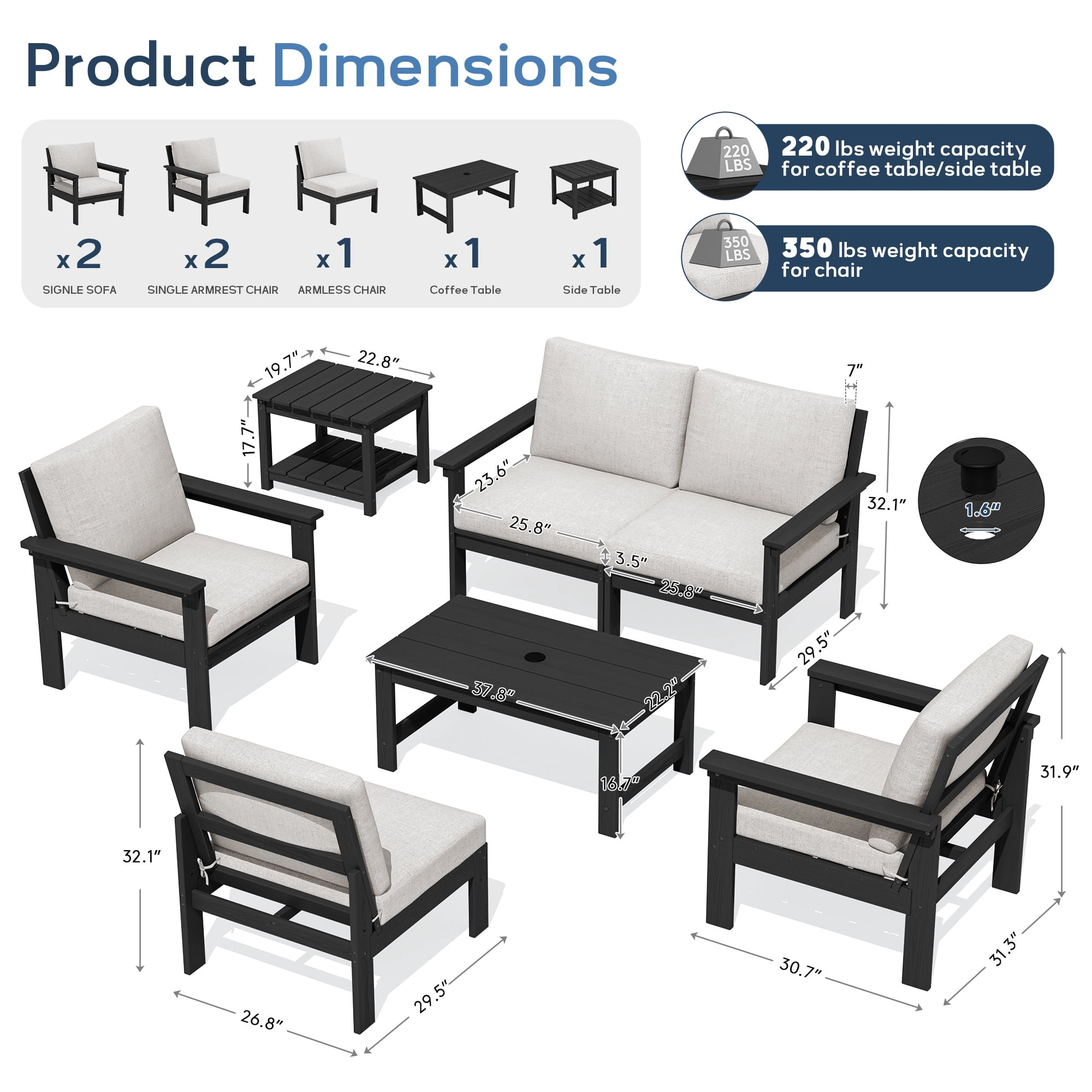 SERWALL Outdoor Patio Furniture Set, 7-Piece HDPE Outdoor Sofa Set Patio Conversation Set, Black Frame with Beige Cushions