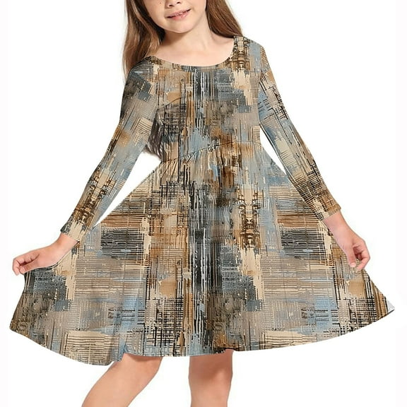 Odeerbi Toddler Girls Gradient Striped A-Line Dress Cute Long Sleeve Skater Dress Retro Vintage Stretchy School Recital Twirly Dress Toddler Girls Clothes