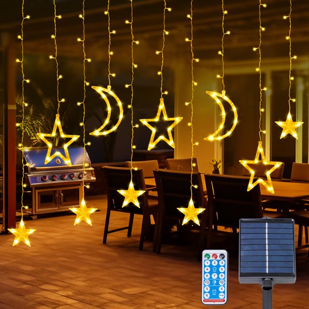 Luces de cortina solares 138 * LED, cadena de luces de Ramadán con luna y estrella con 8 modos de iluminación, colgante centelleante con energía Solar a prueba de agua