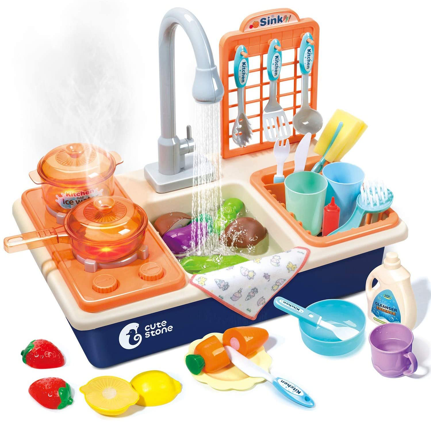 Pretend Play Kitchen Sink Toys with Play Cooking Stove Pot and Pan+Spray Light