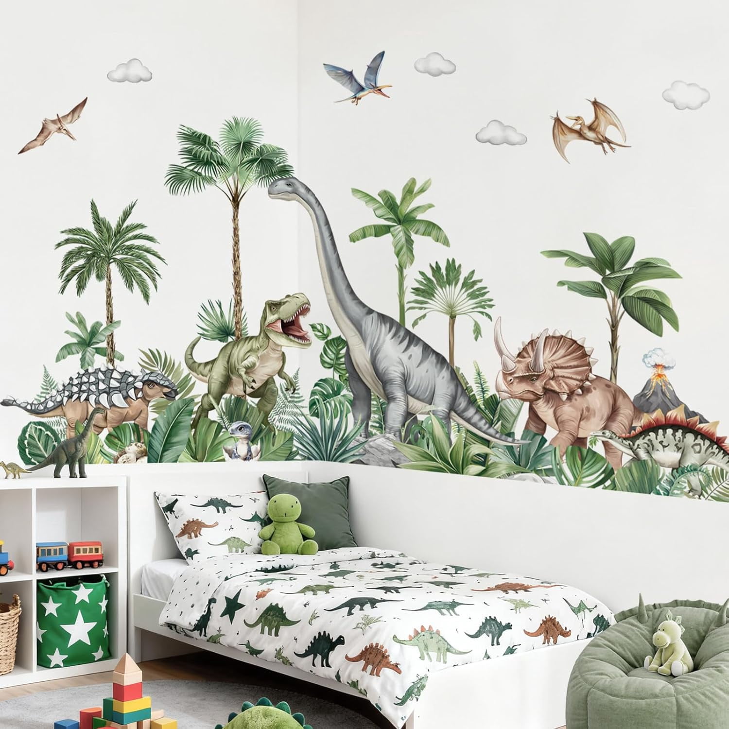 Large Dinosaurs Wall Decals Dino Animal Tropical Palm Tree Wall Stickers Living Room Baby Nursery Kids Room Home Decor(XXL)