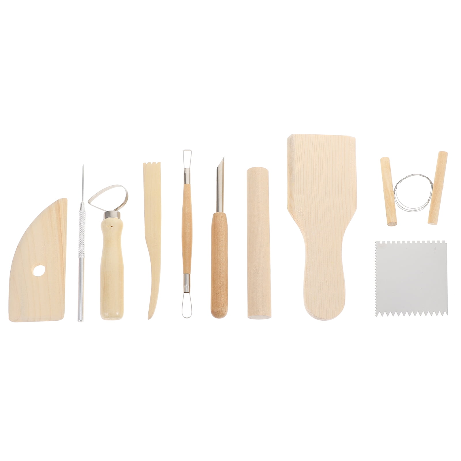 DINHEAROM Clay Tools Wood Stainless Steel Pottery Clay Tools DIY Pottery 2 Sets 7.2x2.8x0.6in
