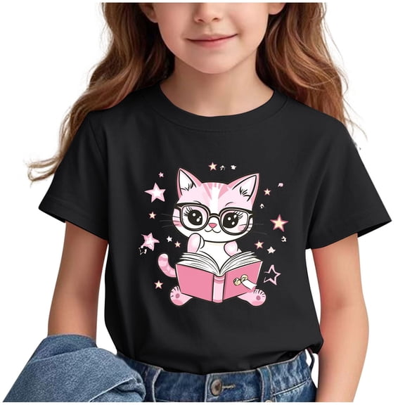 Children Boy Girl Casual Tshirts Short Elbow Sleeve Tops Tee for Child Crew Neck Spandex Cat Graphic Cute Thermal Fall Winter Shirts 2026 Clothing Regular Fit