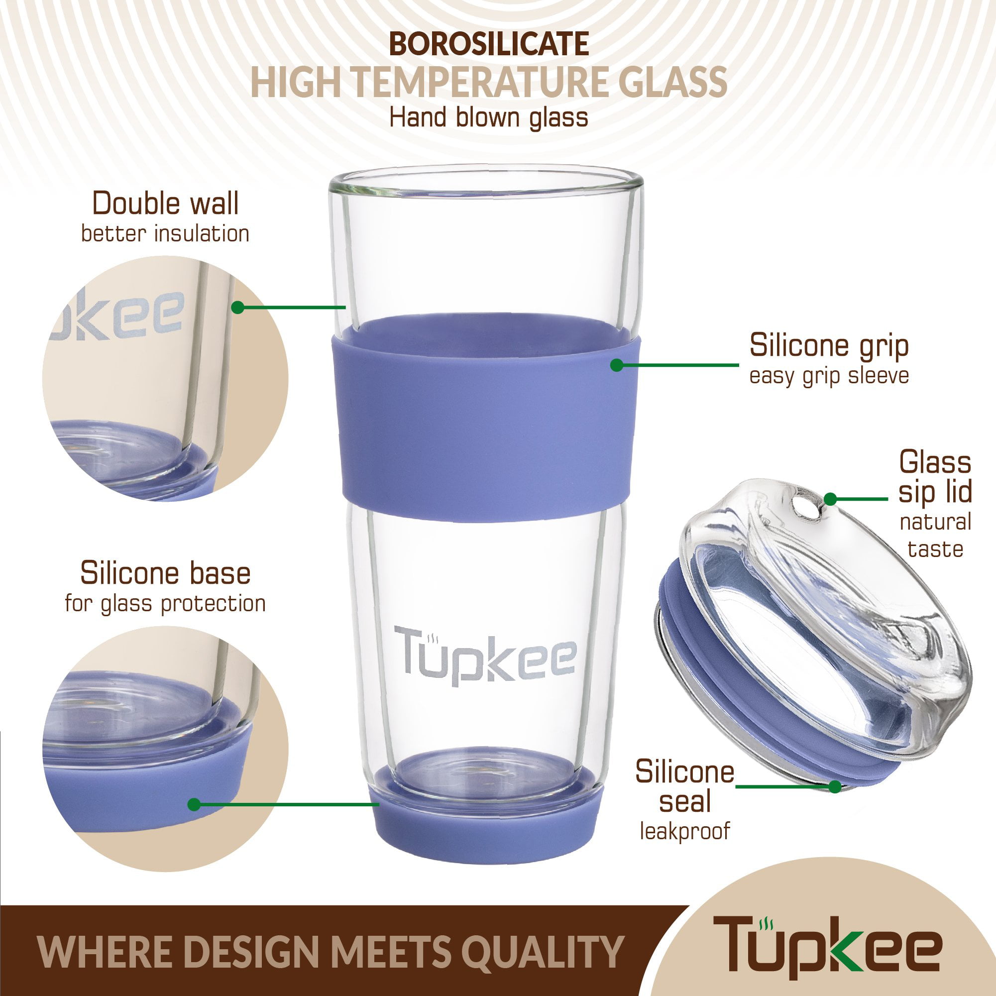 Tupkee 20 oz Double Wall Glass Tumbler With Lid – All Glass  Reusable Insulated Hand Blown Glass Travel Mug - For Coffee, Tea, Boba,  Iced Coffee, and Smoothie Cup To