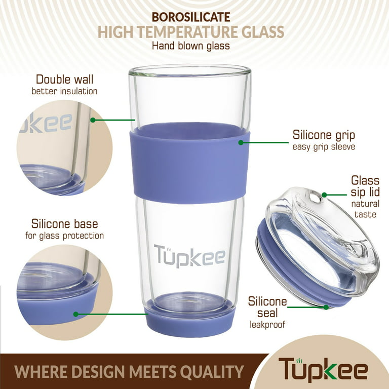 Tupkee Double Wall Glass Tumbler - Insulated Tea/Coffee Mug & Lid, Hand  Blown Glass Travel Mug, 14-Ounce - Jacaranda