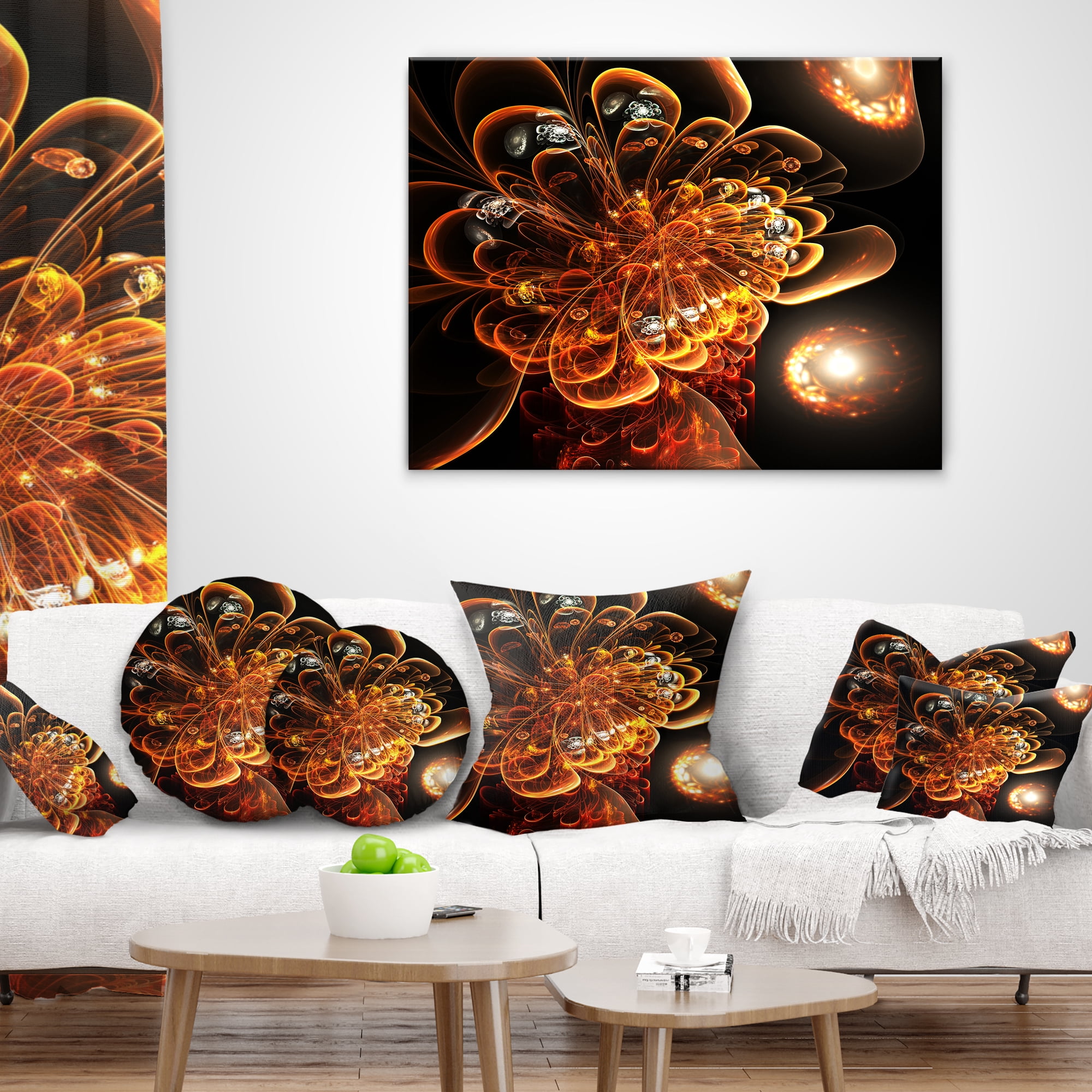 Designart Dark Orange Fractal Flower Digital Art - Floral Throw Pillow - 16x16