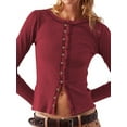 thumbnail image 3 of Women Fall Long Sleeve Button Up Ribbed Knit Crop Cardigan Y2K Slim Fit Round Neck Sweater Tshirt Wine Red L, 3 of 7