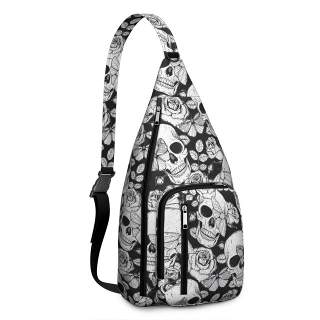 Horror Skeleton Sling Backpack - Gothic Skull with Snake & Moon Print Crossbody Bag, Multi-Pocket Anti-Theft Design