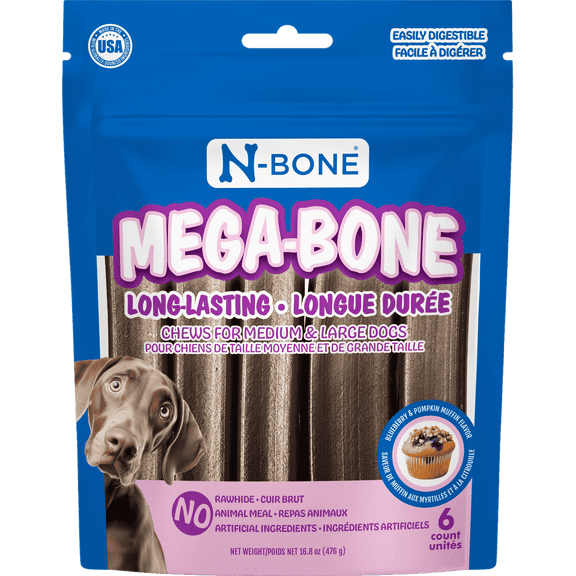 N-Bone Mega-Bone Dog Bones, Long Lasting Chew Bones, Dental Treats for Medium Dogs and Large Dogs, Blueberry Pumpkin Muffin Flavor, 6 Count, 16.8 oz