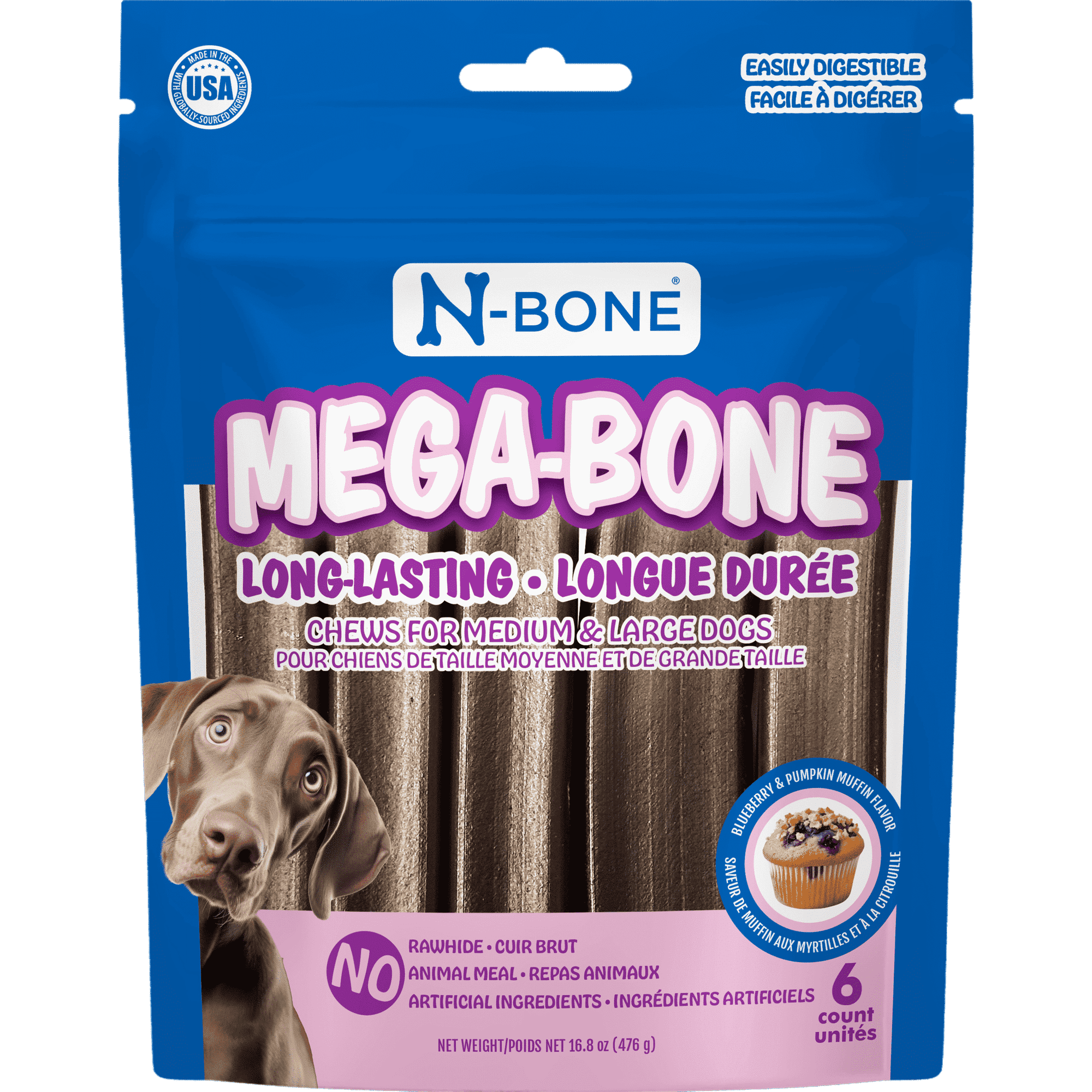 N-Bone Mega-Bone Dog Bones, Long Lasting Chew Bones, Dental Treats for Medium Dogs and Large Dogs, Blueberry Pumpkin Muffin Flavor, 6 Count, 16.8 oz