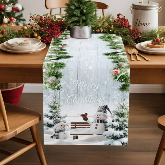 Christmas Snowman Cotton Linen Table Runner Xmas Tree Snowflake Bird Winter Blue Board Dining Table Runners for Home Decor Party Dining Room Restaurant Kitchen Party 13" x 48"