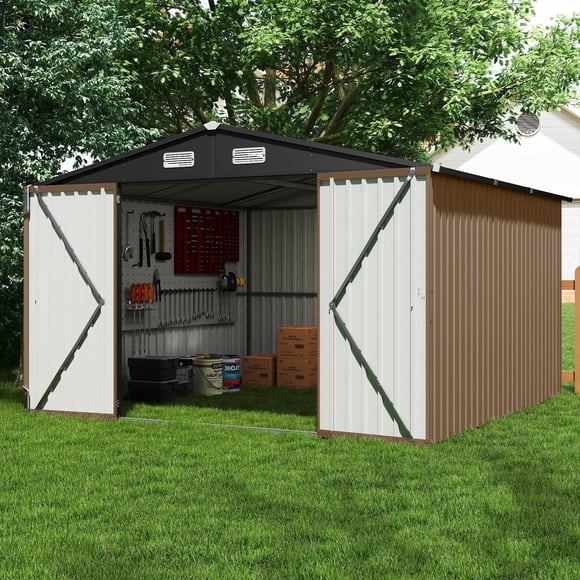 JINSEED 10x10 FT Metal Storage Shed, Wind & Snow Resistant, Wide Door with Secure Lock for Backyard Garden Tool Storage, Brown