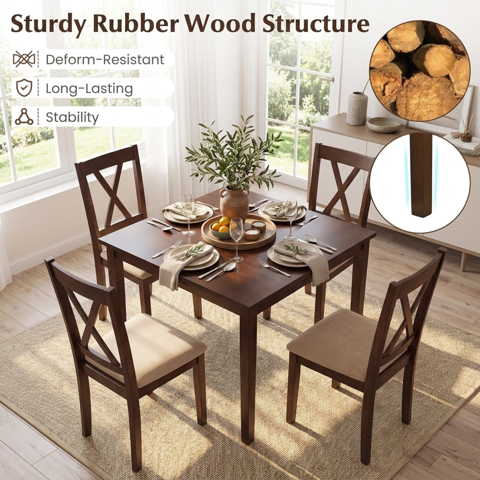 Furnibear Farmhouse Dining Table for 4 People 35 Inches Square Kitchen Table for Kitchen Dining Room Breakfast Nook Small Space Home, Walnut