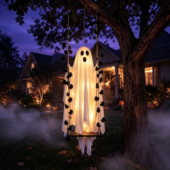 Hanging Swinging Ghost Halloween Decor - Outdoor Halloween Decorations with Ghost on A Swing for Outside Garden Yard Porch Tree, 3.9 FT Large Spooky Cute Ghosts with String Lights for Indoor Party