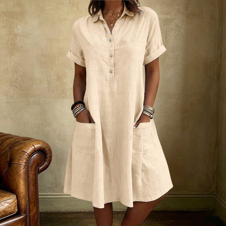 denim dress beige Hurxie for Women Casual Tulle Short Sleeve Button Jean Midi Dress with Pockets Beige,XL Complete your Look:The Grand Finale Collection (The Full Set: Dress + Hat + Shorties + Wand)
