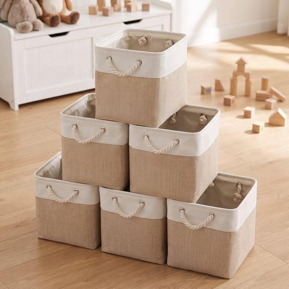 11"x11" Cube Storage Bins 6-Pack, Collapsible Fabric Baskets with Ropes, White & Beige