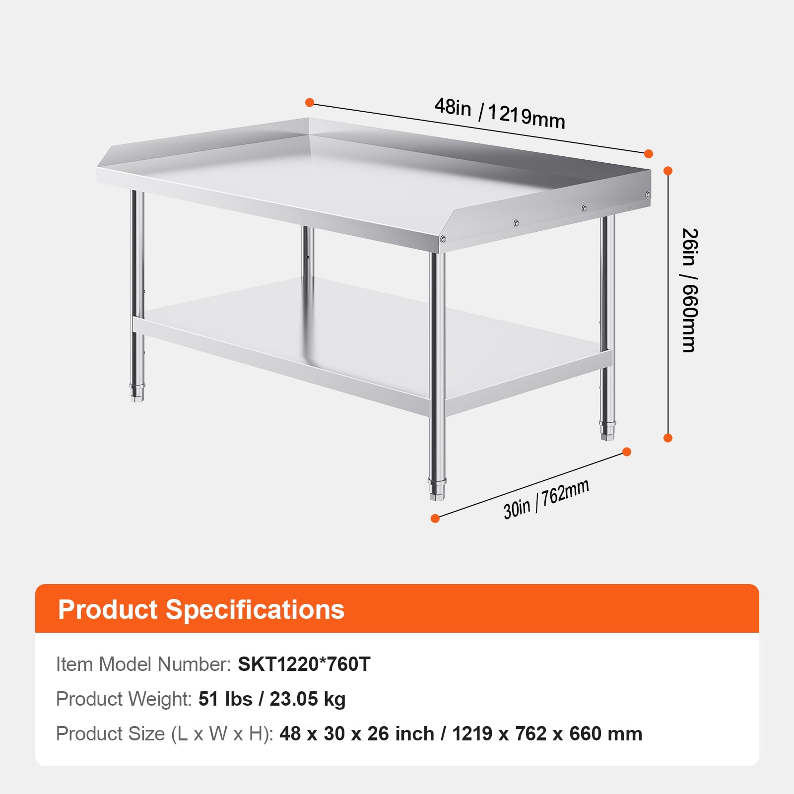 KFFKFF 30" x 48" Stainless Steel Work Table, Heavy Duty Prep & Work Metal Workbench with Adjustable Shelf and Feet, 3-Sided Backsplash, Suitable for Restaurant, Home, Hotel