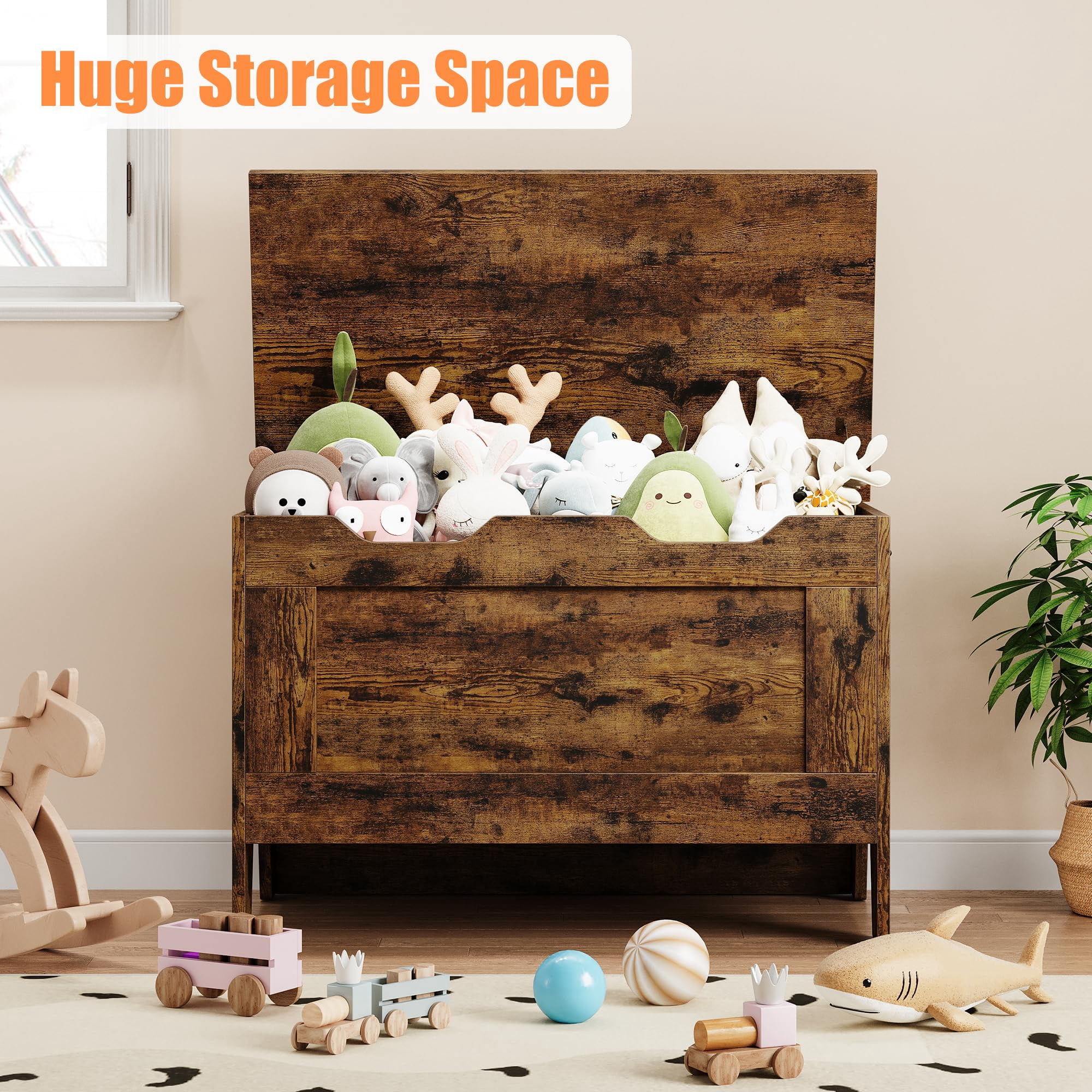 Huisuilinss Storage Bench,24.8” Retro Wooden Storage Chest with U-Shaped Cut-Out Pull, Safety Hinge, Supports 350 lb and Easy Assembly for Toy Box Organizer