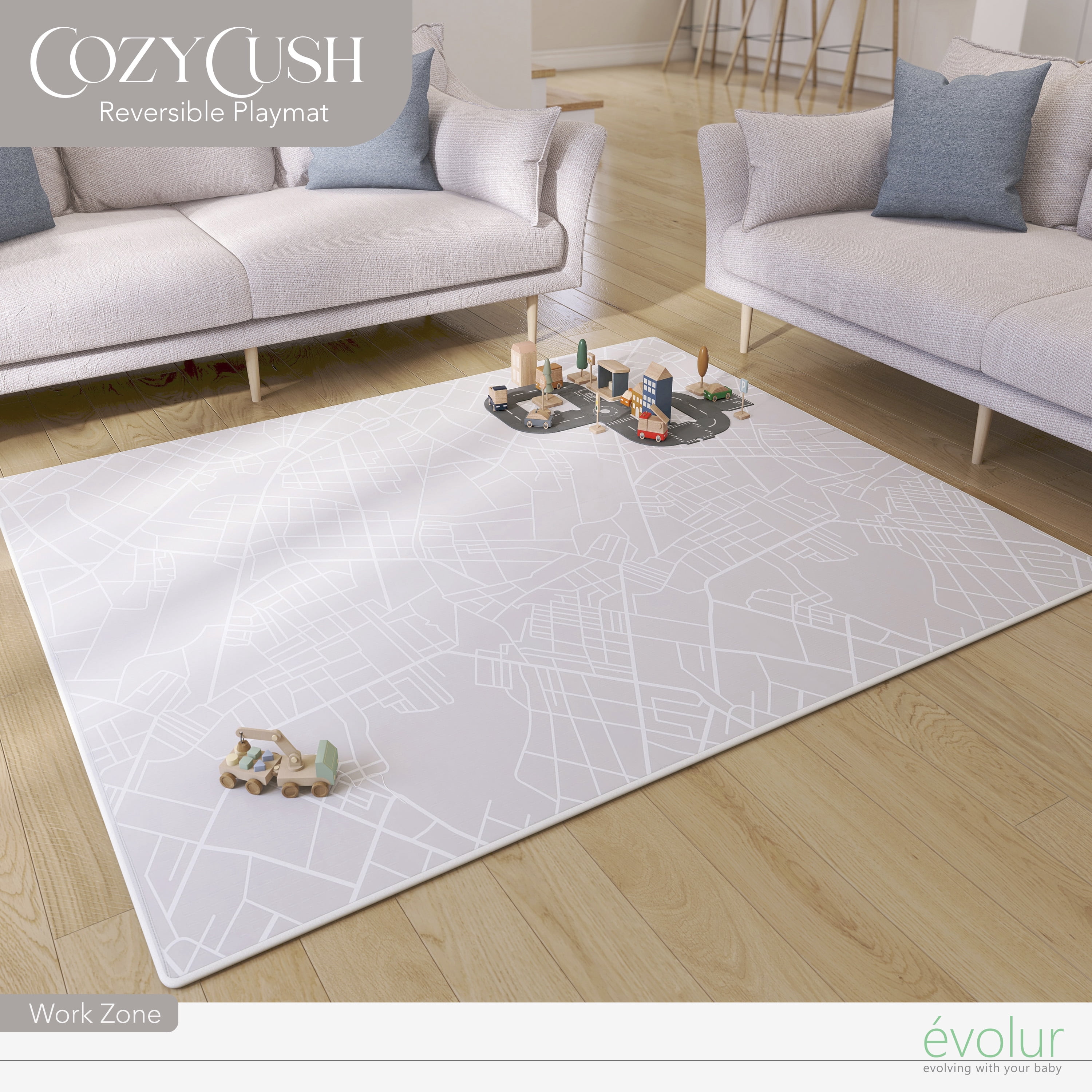 Evolur CozyCush Reversible Non-Toxic Baby Kids Playmat , WorkZone
