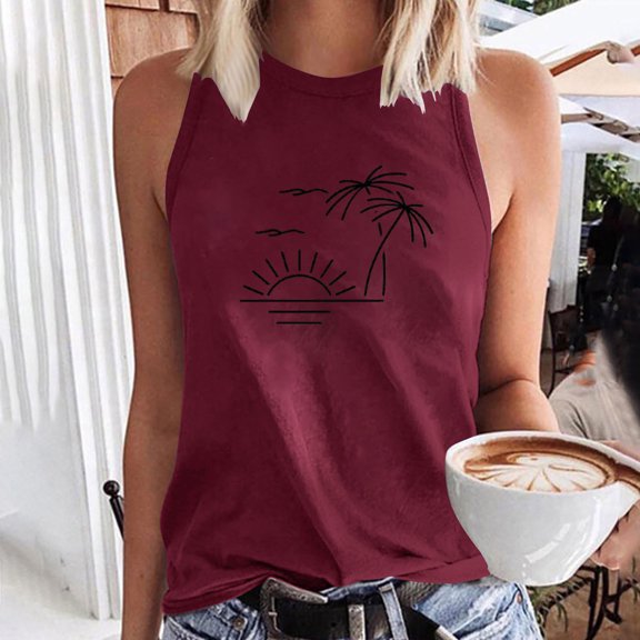 Aloohaidyvio Tank Tops for Women,Women's Summer Beach Print Basic Tank Tops 2024 Round Neck Soft Casual Loose Sleeveless Shirts