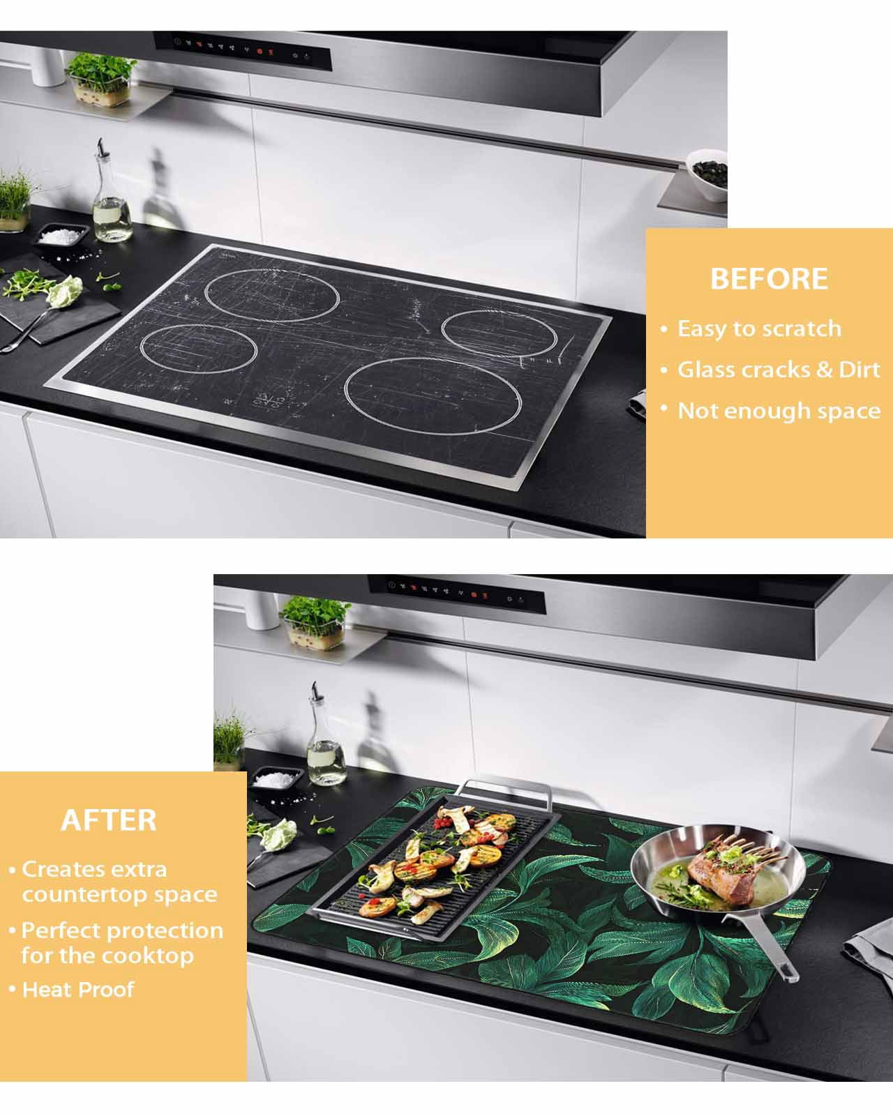 nqOlkjepod Large Induction Cooktop Protector Mat 36"x21", Green Leaf Stove Top Covers for Electric Stove, Nature Vines Branch Summer Tropical Plant Stove Burner Cover Mats, Glass Top Stove Cover