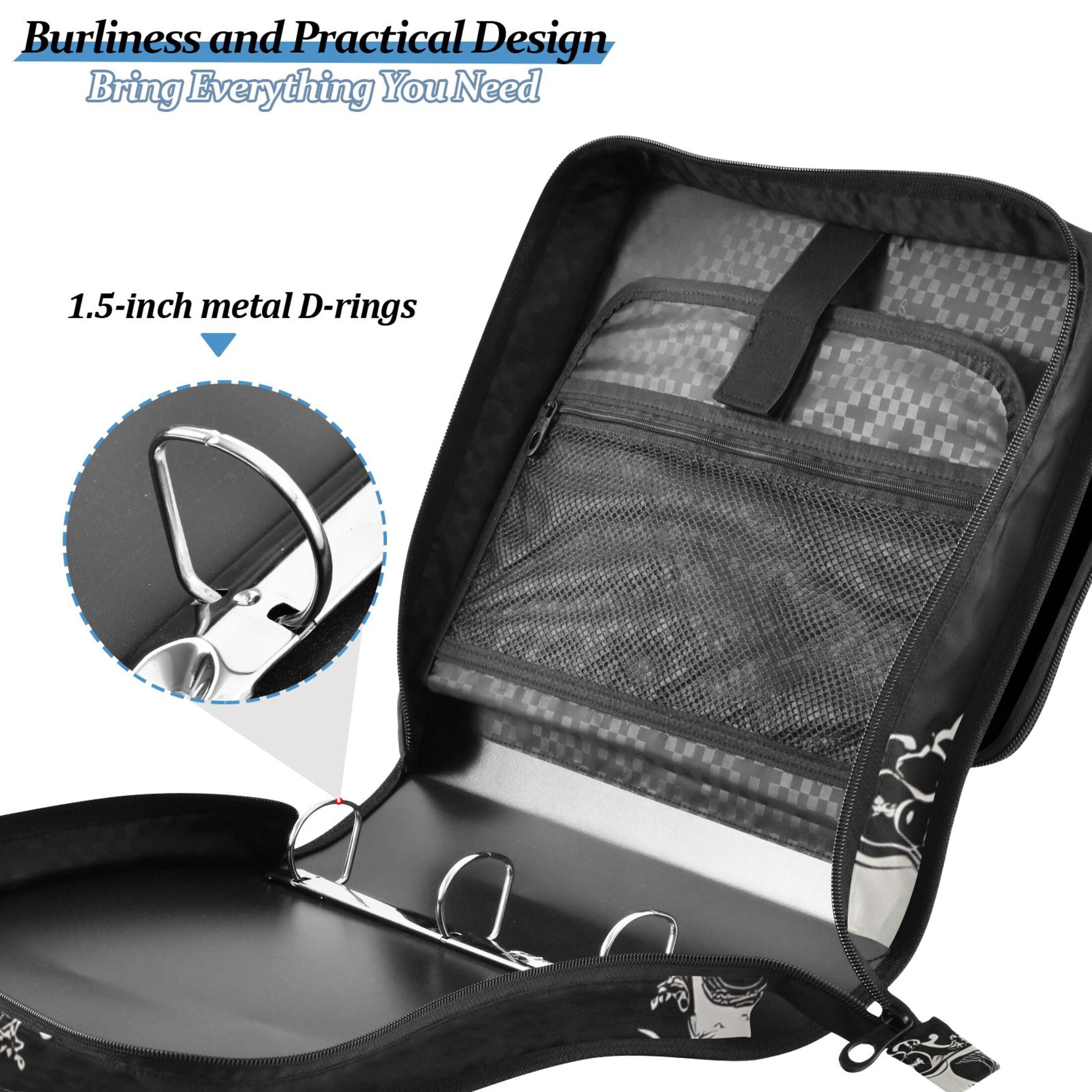 3 Ring Zipper Binder with Shoulder Strap Waterproof Trapper Keeper 2 Inch D-Ring 500 Sheets Capacity Cool Skulls Filigree
