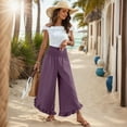 thumbnail image 4 of Mohiass Smocked Waist Linen Pants for Women Beach Flowy Ruffle Hem Pants Wide Leg 2025 Palazzo Trousers Summer Boho Pants with Pockets Purple 2XL, 4 of 8