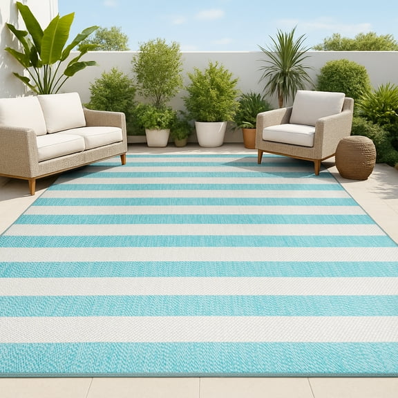 JONATHAN Y SANTA MONICA 8 x 10 Area Rug, Negril Two-Tone Wide Stripe - Aqua/Cream, SMB203E-8