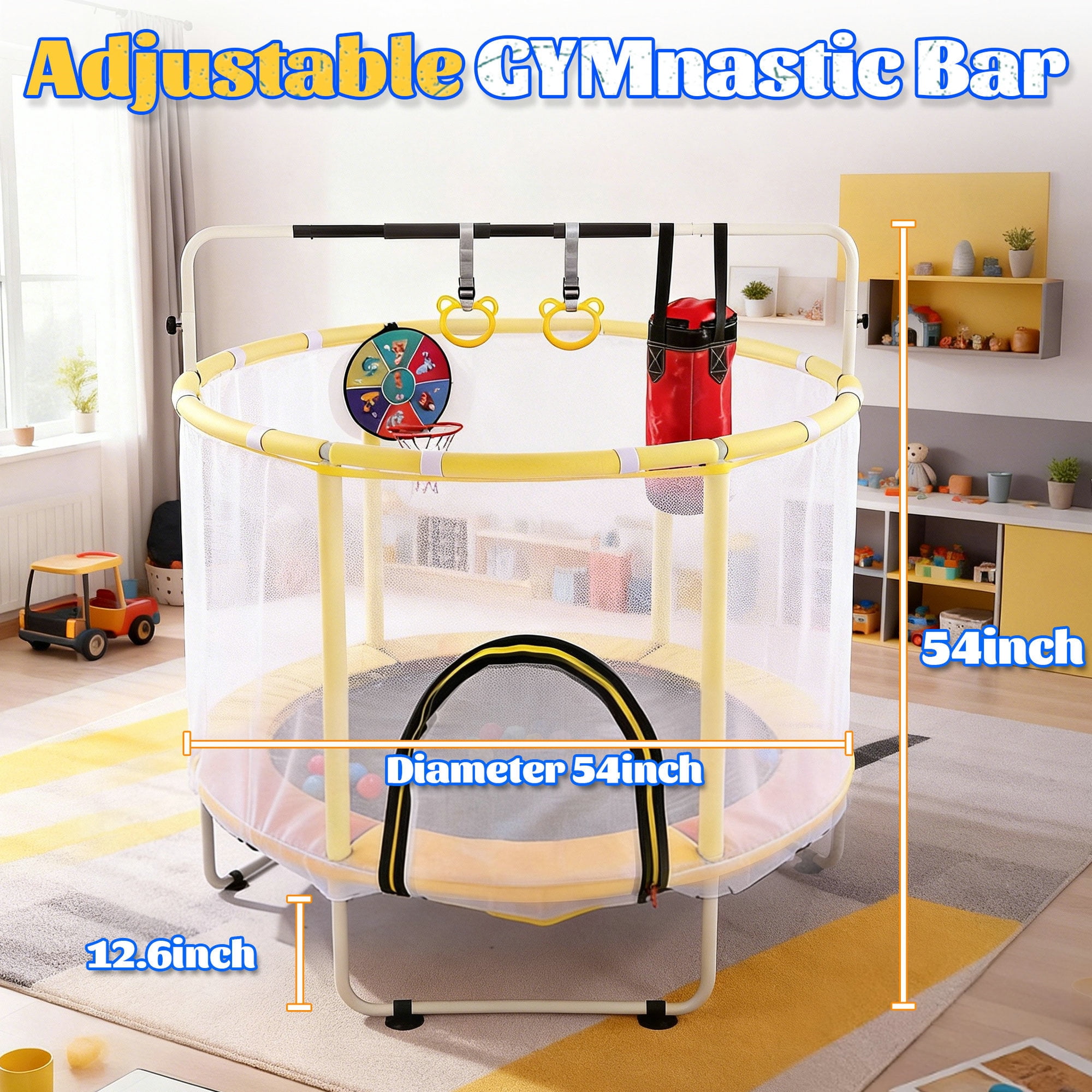 Arspjes 54" Trampoline for Kids with Enclosure, Indoor Outdoor Toddler Trampoline with Adjustable Gymnastics Bar & Toys, Gift for Boys&Girls