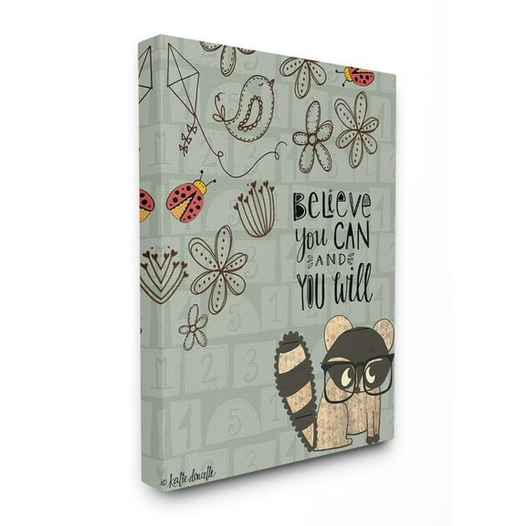 Believe You Can Floral Pattern Raccoon with Glasses Stretched Canvas Wall Art, 30 x 40