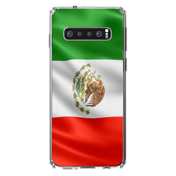 DistinctInk Clear Shockproof Hybrid Case for Samsung Galaxy S10  PLUS(6.4" Screen) - TPU Bumper, Acrylic Back, Tempered Glass Screen Protector - Red White Green Mexican Flag Mexico