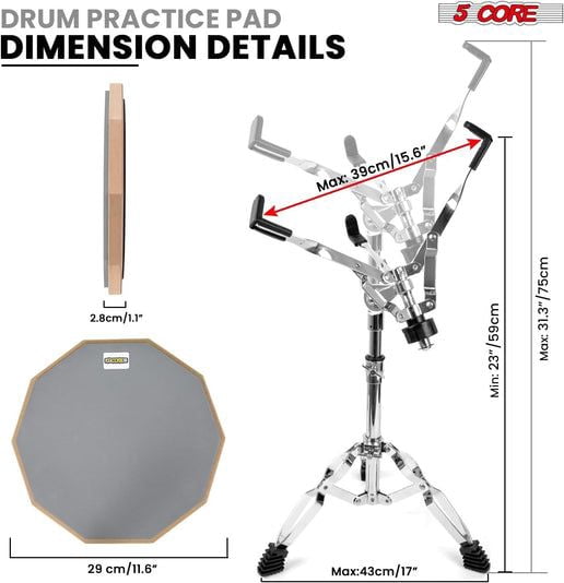 Drum Throne Adjustable Guitar Stool Padded Seat + Drum Practice Pad Snare Drumming Stand - DS CH BLK + DPAD COMBO Grey