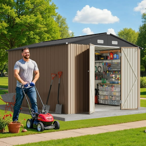 Outdoor Storage Shed 10 x 10 ft. Lofka Large Utility Tool Shed Metal Storage Garden Shed with Lockable Double Doors, Window for Patio, Brown