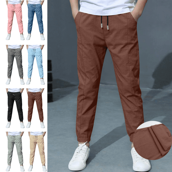 Mifsaly Boys Joggers Kids Lightweight Cotton Linen Pants Elastic Waist Drawstring Summer Casual Tapered Trousers with Pockets