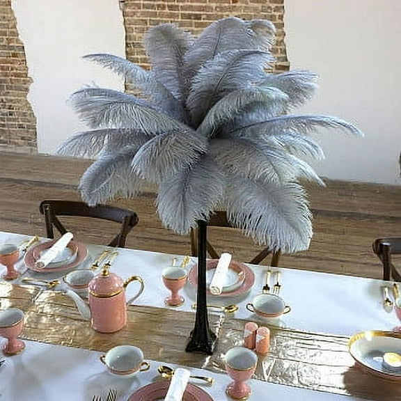 ZUCKER® 24pcs 13-16" Ostrich Feather Centerpiece Set - 24" Eiffel Tower Vase Wedding Decorations Black and Silver (Gray)