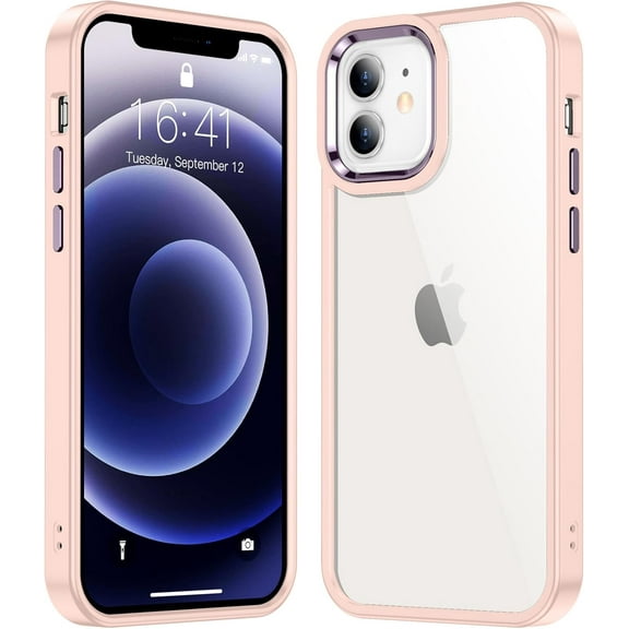 for iPhone 12 Case Clear [Not Yellowing] Shockproof Slim iPhone 12 Phone Case 6.1 Inch Pink/Clear