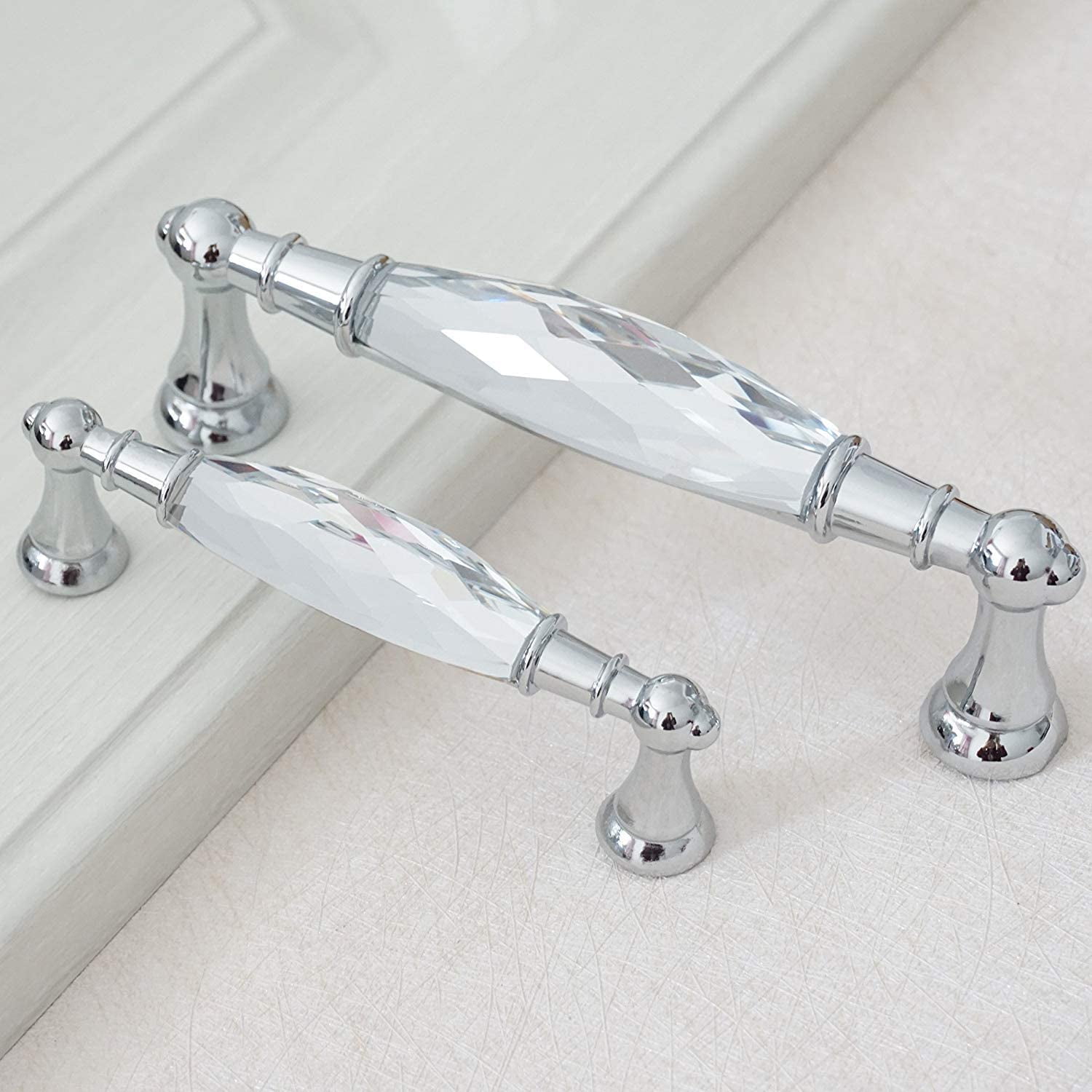 ABPETE Crystal Drawer Pulls Handles 5'' Hole to Hole Clear Glass Cabinet Knobs Pulls Dresser Knob Chrome Metal Silver Modern Cupboard Kitchen Bathroom Knobs (2, 5.0" Hole to Hole)