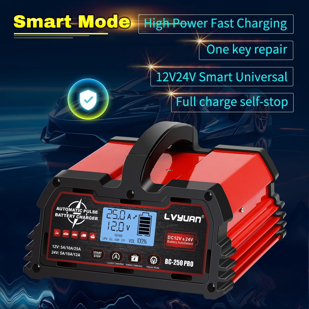 LVYUAN 25A 12V/24V Automotive Battery Charger Float & Trickle Battery Charger Maintainer Desulfator for Car, Truck, Motorcycle, lawn mower, LiFePO4 & Lead-Acid Batteries