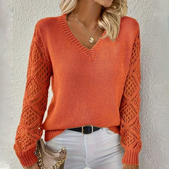 PiGOGI Women's Hollow-Out Knit Sweater - Long Sleeve V-Neck Loose Pullover Top Casual Winter Fashion Blouse Orange XL