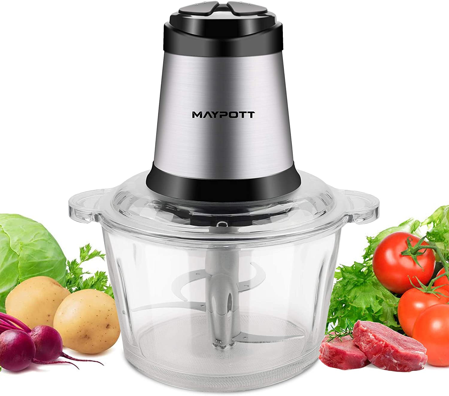 Food Processor, Electric Food Chopper with 2 Glass Bowls , 800W Copper  Motor, for Meat, Vegetables, and