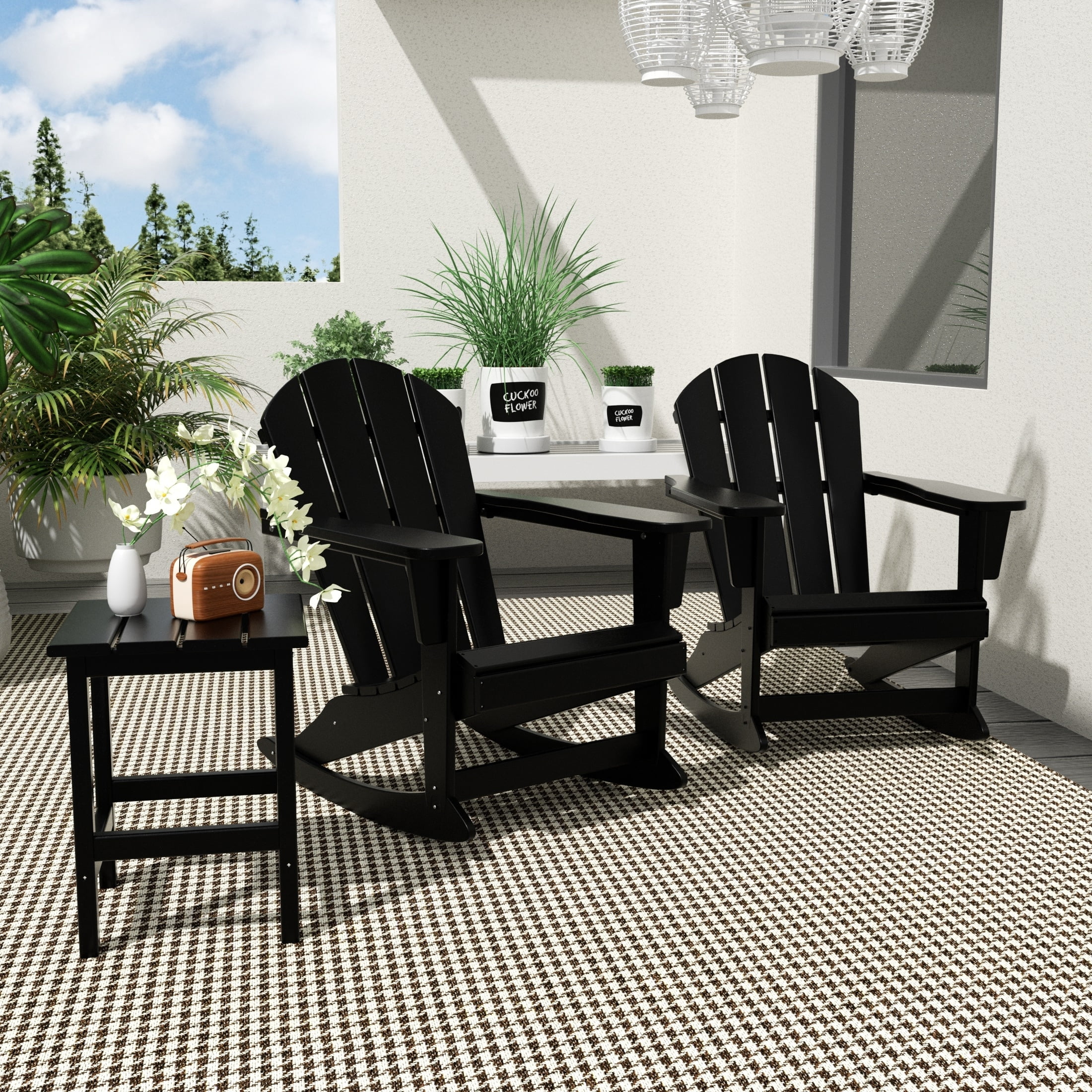 Polytrends Laguna Hdpe All Weather Outdoor Patio Rocking Chairs With Side Table (3-Piece Set) Black