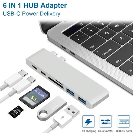 Prop Hub - EEEkit Type C Hub, Aluminum USB C Adapter for 2016/2017 MacBook Pro 13in and 15in with 2 USB 3.0 Ports, SD/Micro SD Card Reader, Thunderbolt 3 Fast 40GB/S Type C Charger Port and USB C Port (Sliver)