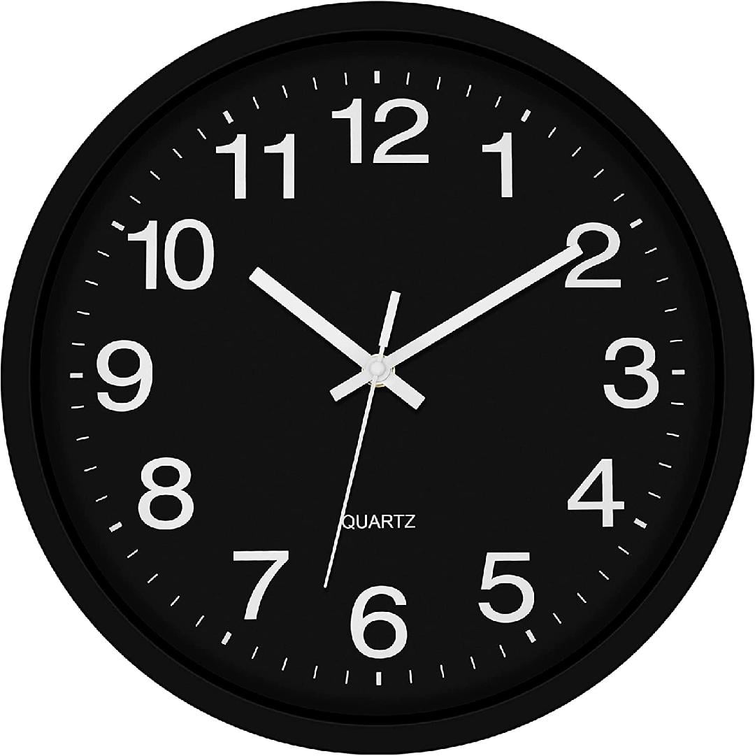 Black Wall Clock Battery Operated 12 inch Silent NonTicking Analog