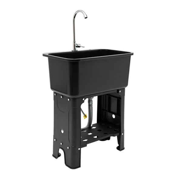 juckeyroot Évier Utilitaire Économiseur d'Espace Bac à Linge avec Robinet, Évier de Garage Autoportant avec Étagère de Rangement (Noir)