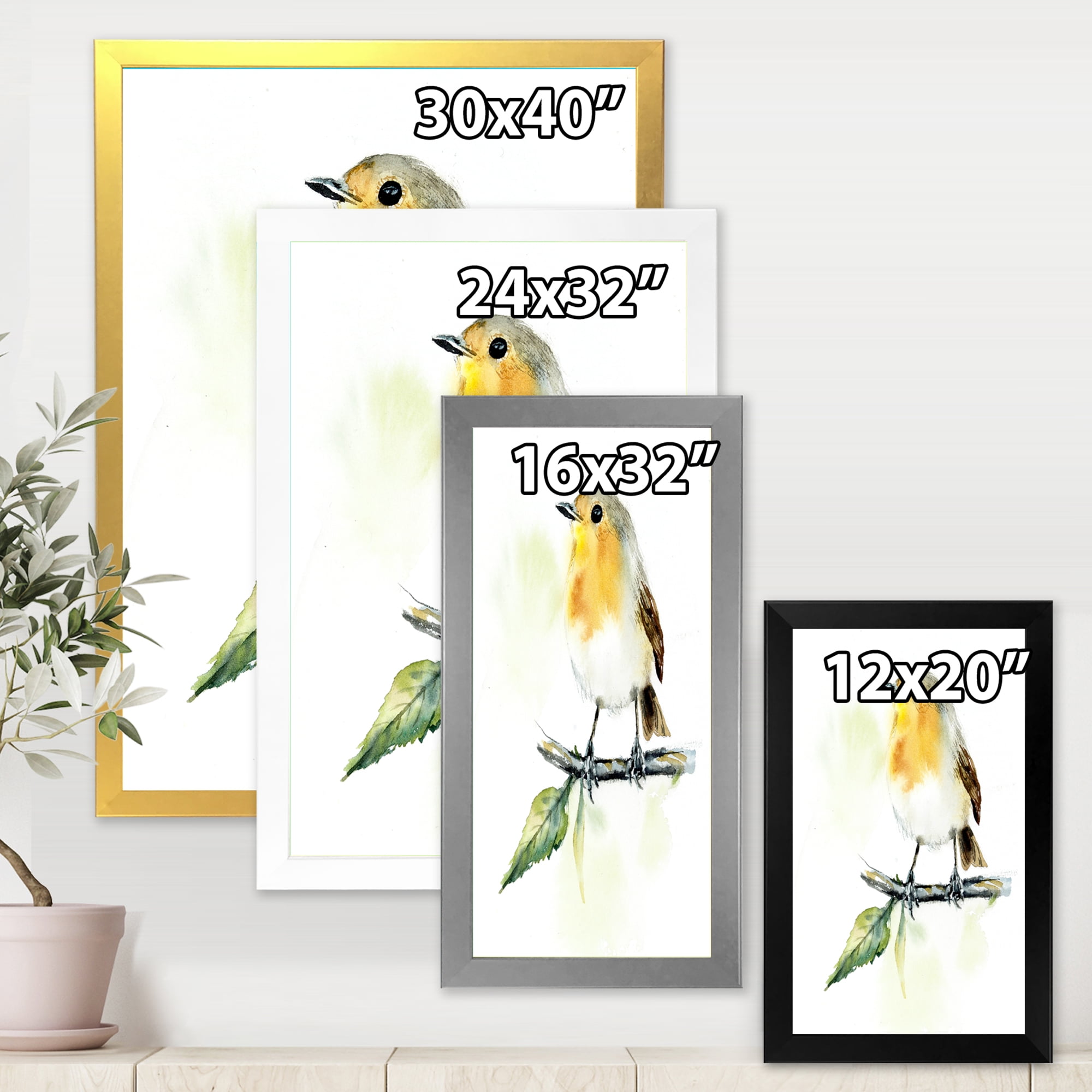 Designart 'Little Robin Bird Sitting On A Branch' Traditional Framed Art Print
