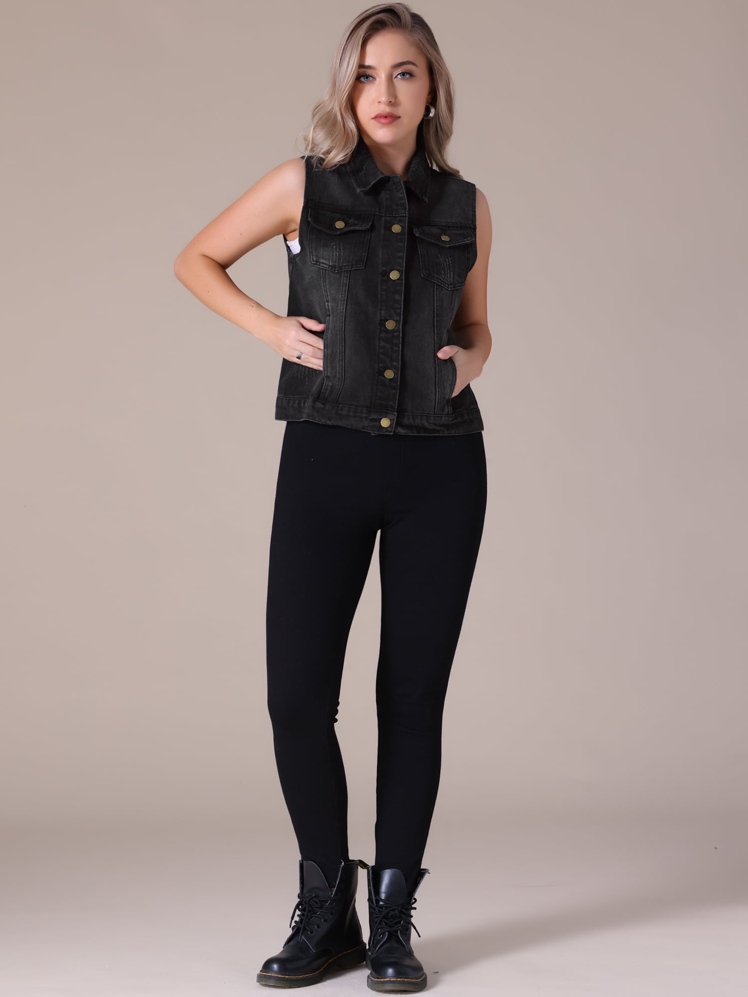 DARING DIVA Womens Denim Vest Button Down Jacket Sleeveless Jean Jacket M Black