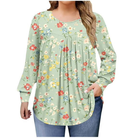 QQAMB Shirts for Women Plus Size Fall Dressy Casual Blouses Trendy Pleated Floral Printed Long Sleeve Tunic Tops