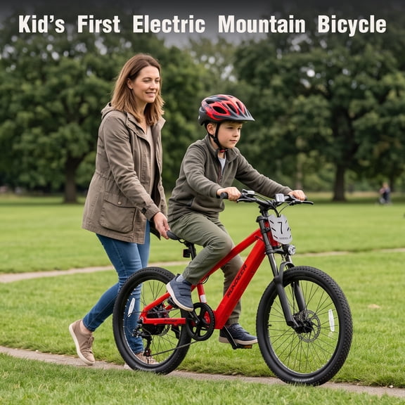 RUNDEER e bicycles for teen, 20'' ebike for kids ages 6 ,Off-Road E-Bike, Mountain Bicycle with 7 Speed 250W, 36V/10Ah, 2849 by TÜV Certified, Red