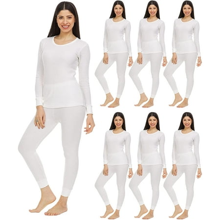 

6 Pack of 2pc Thermal Sets for Woman Base Layer Long Johns Underwear Top & Bottom Cotton Solid Colors (Large White)